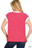 Zenana Full Size Contrast Trim Cap Sleeve Stripe Tee Plus Size - Trendsi - Flyclothing LLC