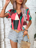 Printed V-Neck Short Sleeve Blouse - Trendsi - Flyclothing LLC