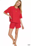Zenana Raised Rib Short Sleeve Tee and Drawstring Shorts Set - Trendsi - Flyclothing LLC