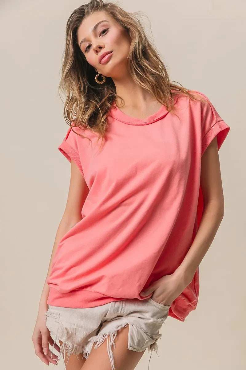 BiBi French Terry Drop Shoulder Basic Top - Trendsi - Flyclothing LLC