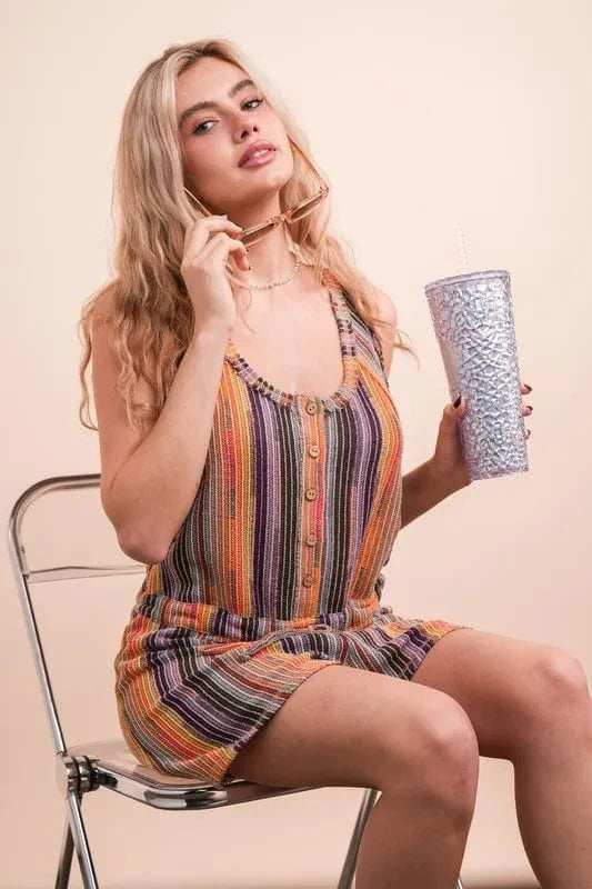 VERY J Crochet Multi Color Striped Casual Summer Romper - Trendsi - Flyclothing LLC