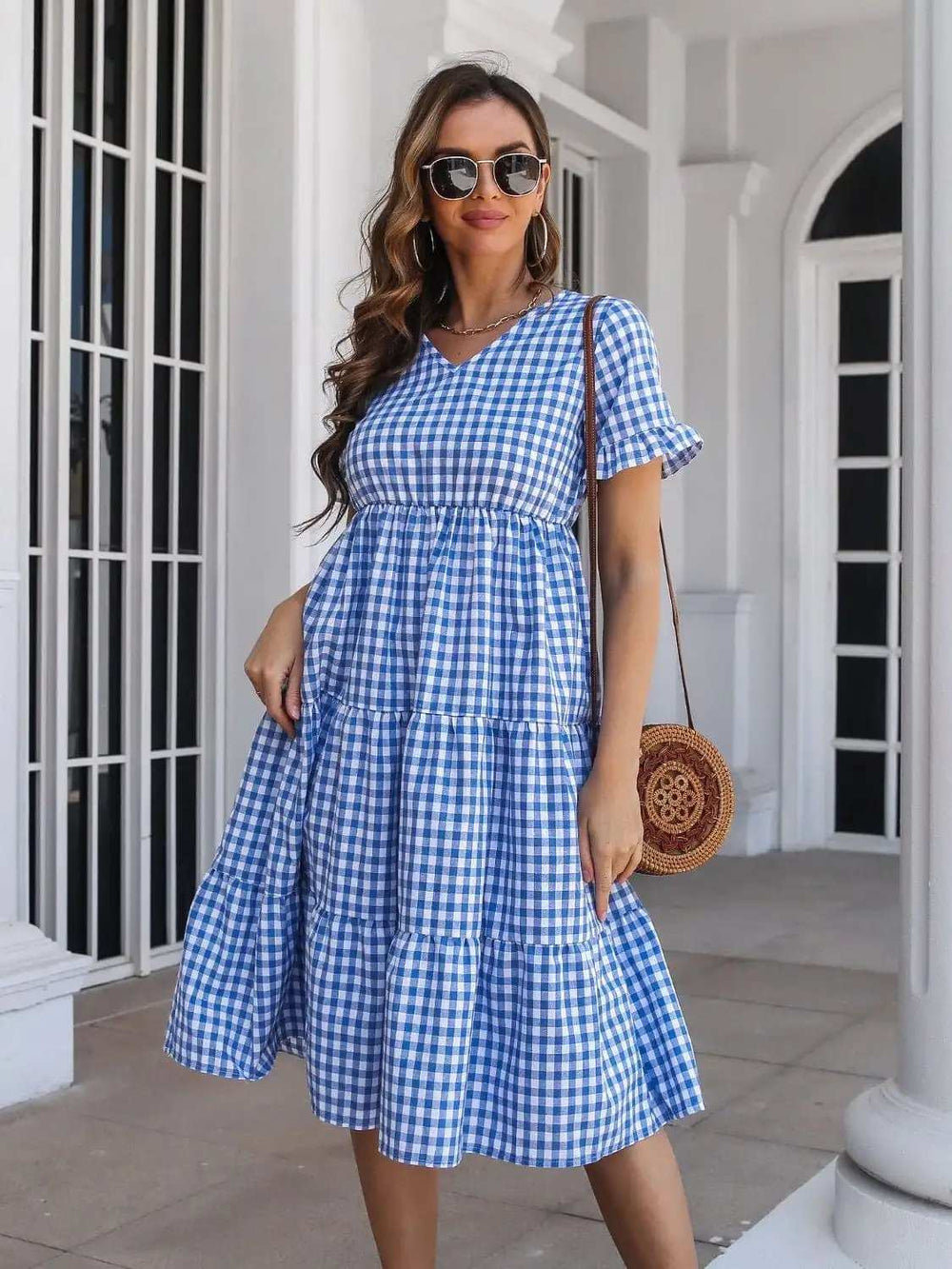 Plaid V-Neck Short Sleeve Midi Dress - Trendsi - Flyclothing LLC