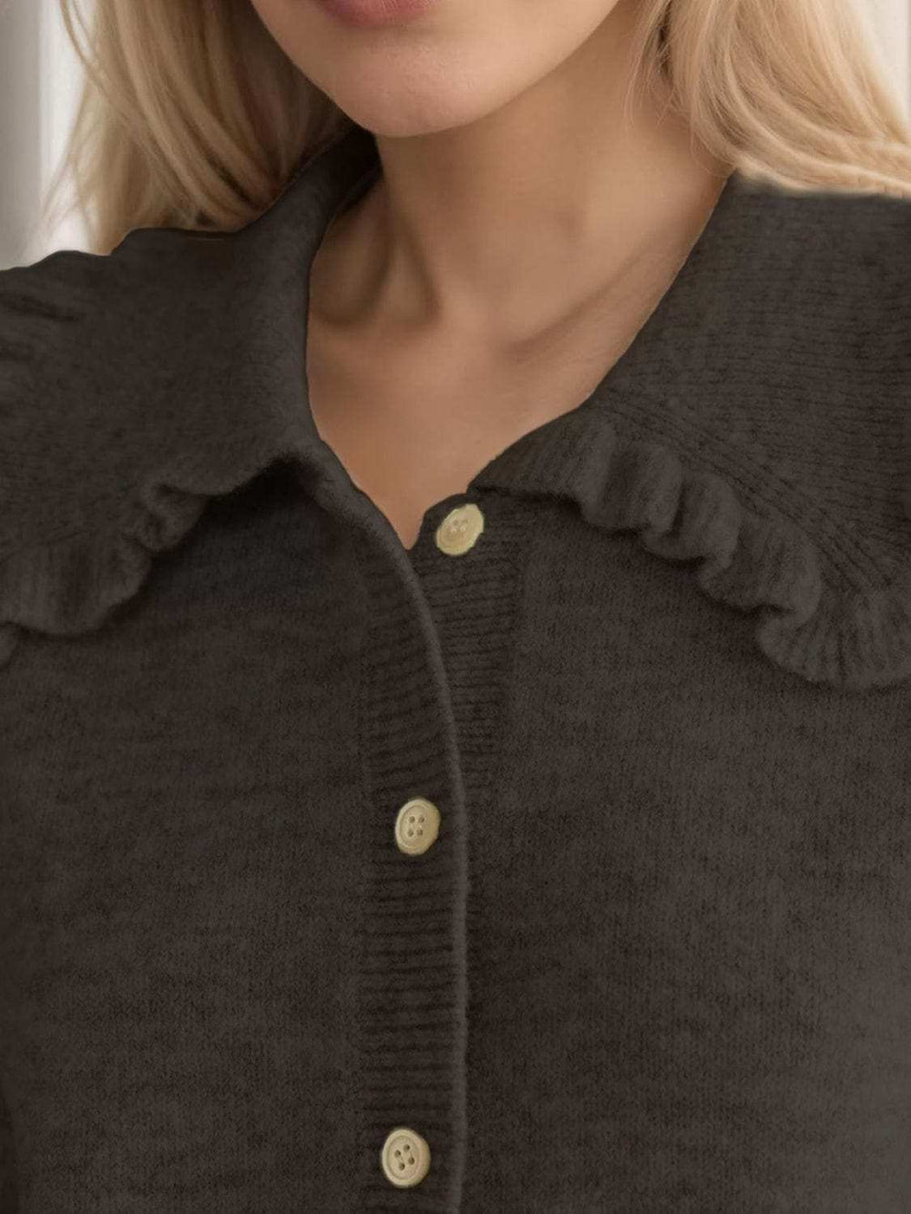 Frill Button Up Collared Neck Long Sleeve Cardigan - Trendsi - Flyclothing LLC