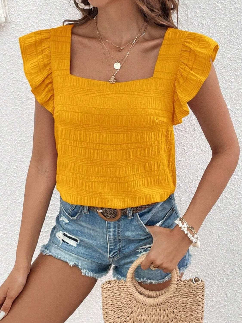 Ruffled Square Neck Cap Sleeve Blouse - Trendsi - Flyclothing LLC