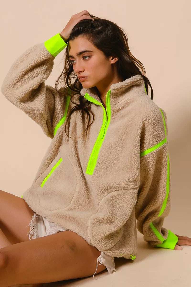 BiBi Contrast Edge Half Zip Up Sherpa Jacket - Trendsi - Flyclothing LLC