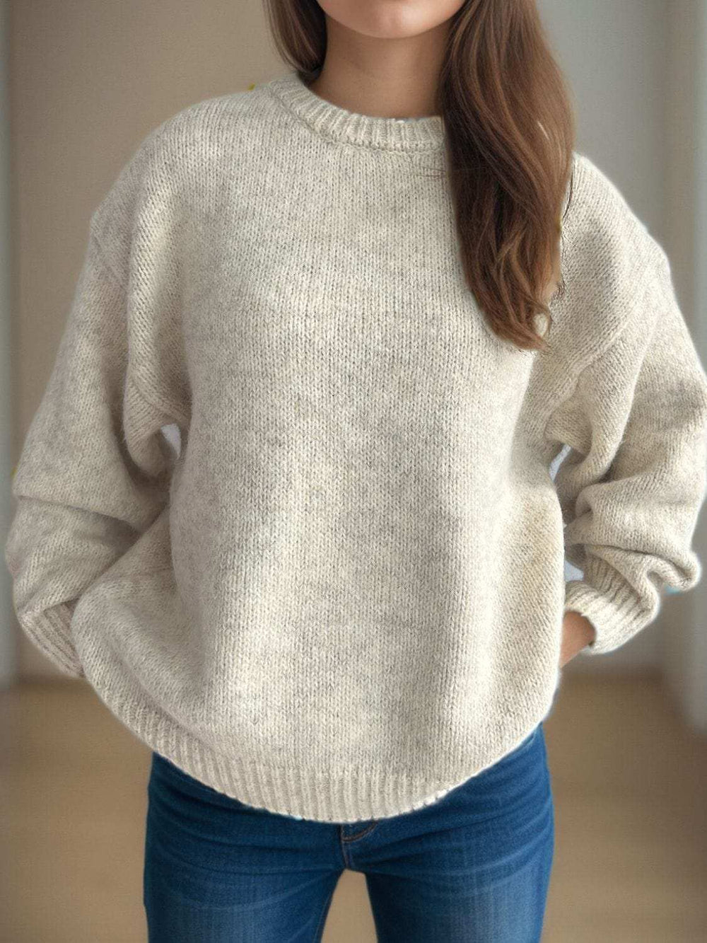 Round Neck Long Sleeve Sweater - Trendsi - Flyclothing LLC