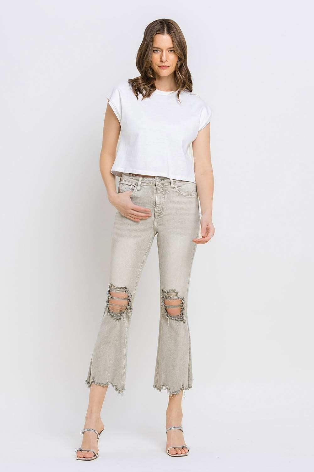 Lovervet Distressed Raw Hem Cropped Flare Jeans - Trendsi - Flyclothing LLC