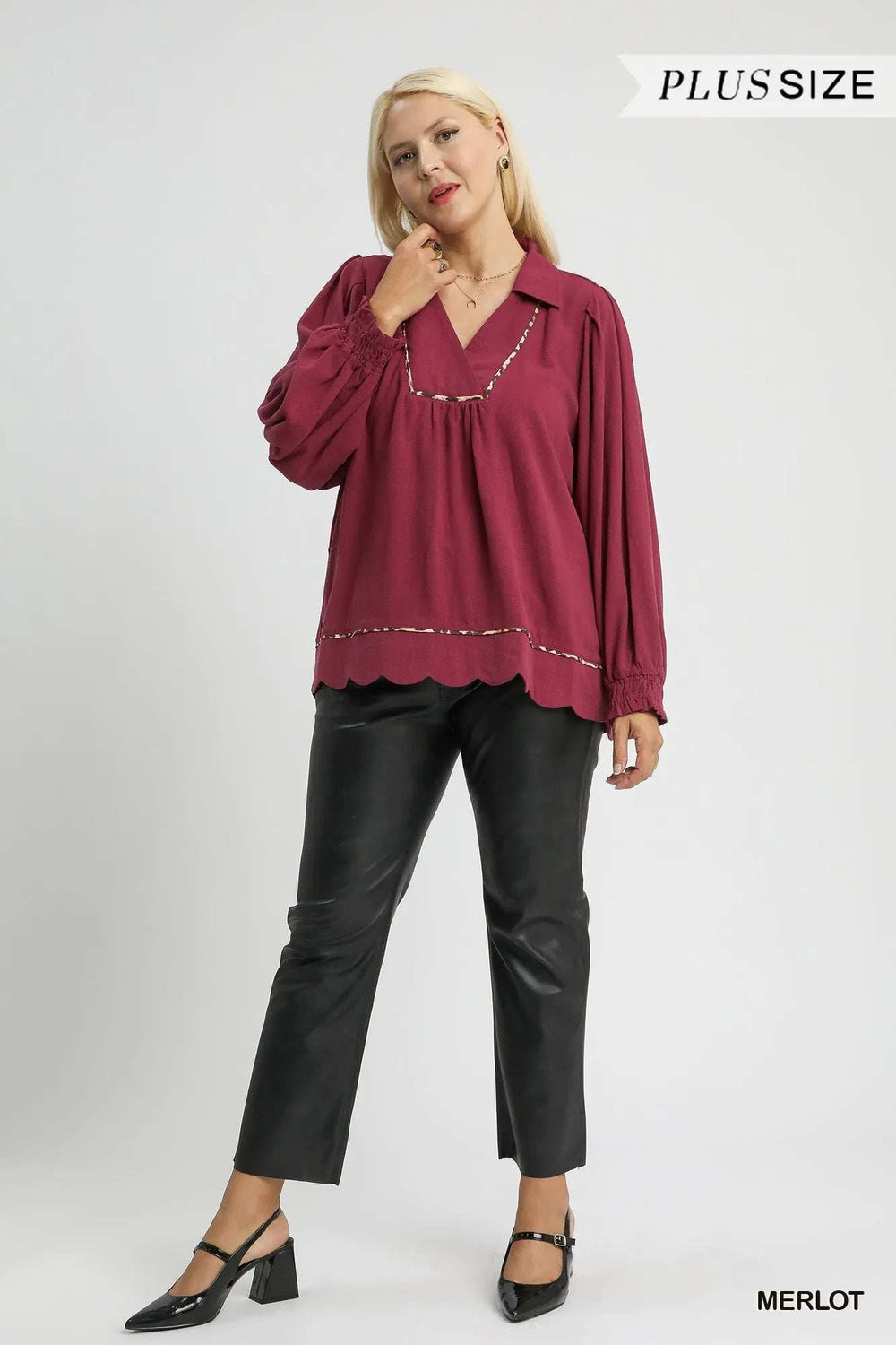 Umgee Full Size Linen Scallop Hem Blouse with Contrast Trim Plus Size - Trendsi - Flyclothing LLC