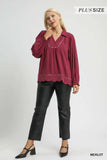 Umgee Full Size Linen Scallop Hem Blouse with Contrast Trim Plus Size - Trendsi - Flyclothing LLC