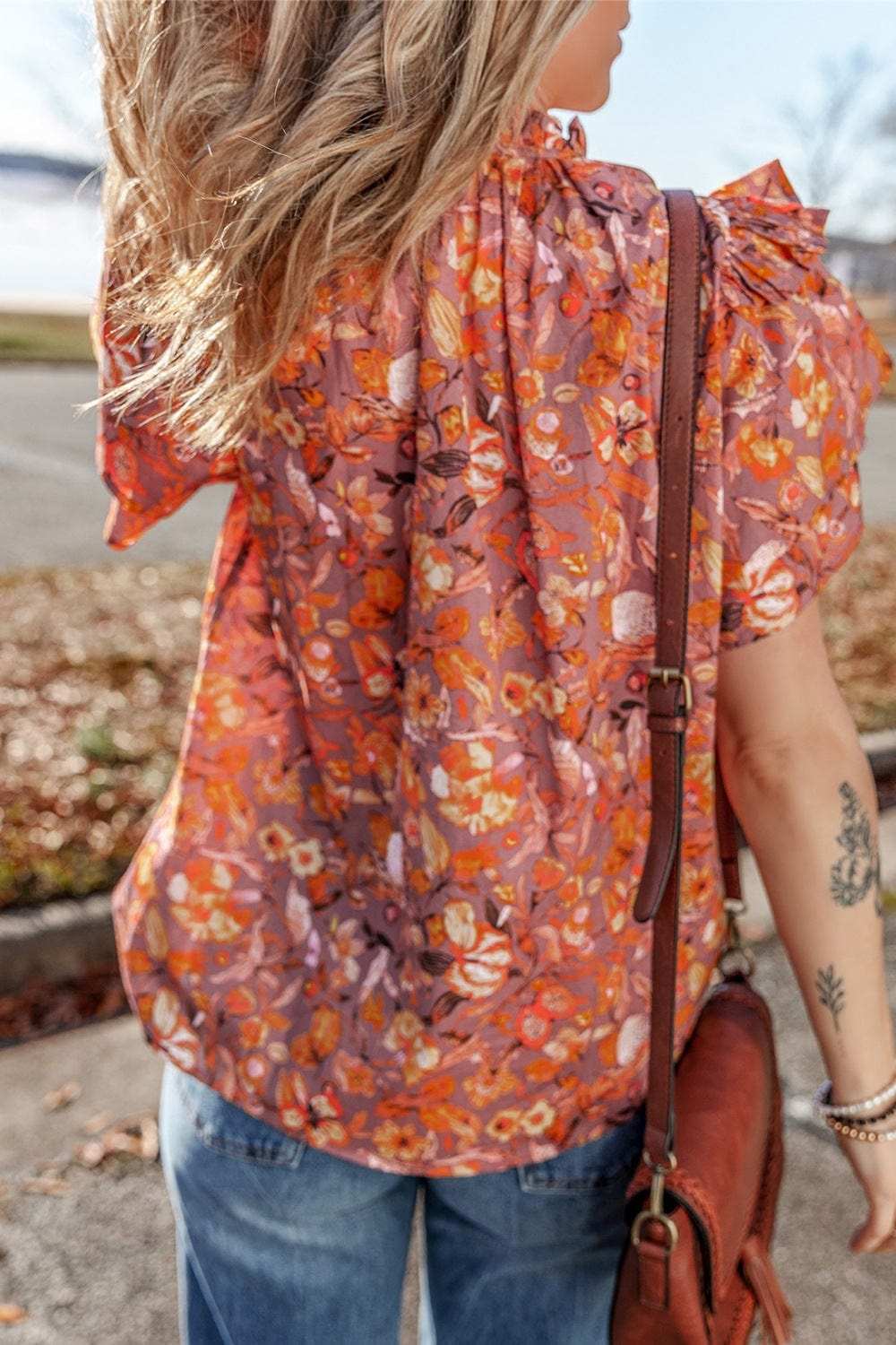 Floral Ruffled Layered Short Sleeve Tie Neck Blouse - Trendsi - Flyclothing LLC