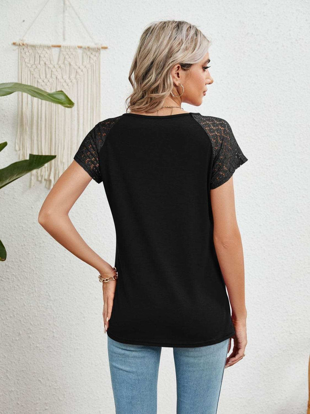 Lace Detail Round Neck Short Sleeve T-Shirt - Trendsi - Flyclothing LLC