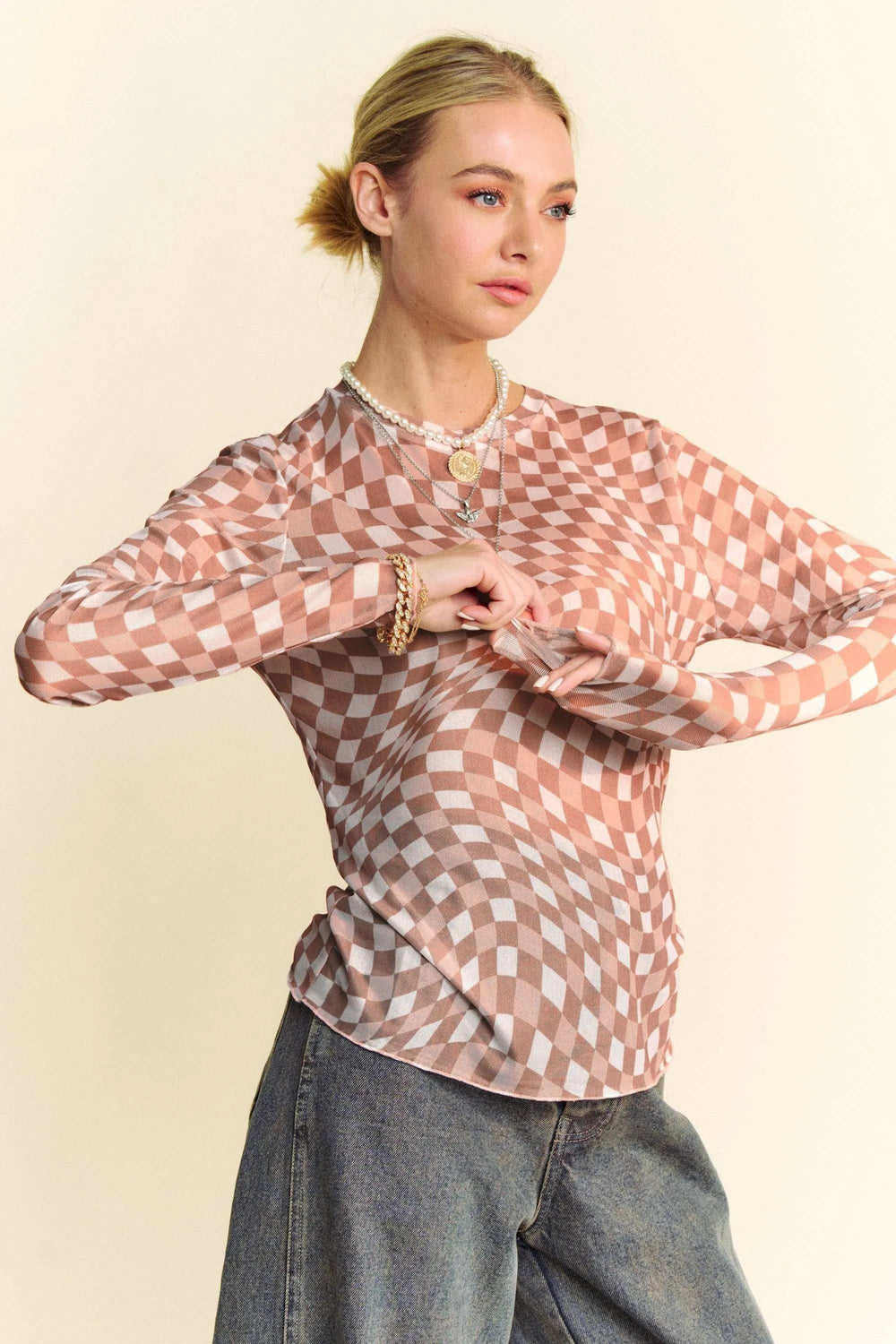 Davi & Dani Checker Board Mesh Long Sleeve Layering Top - Trendsi - Flyclothing LLC