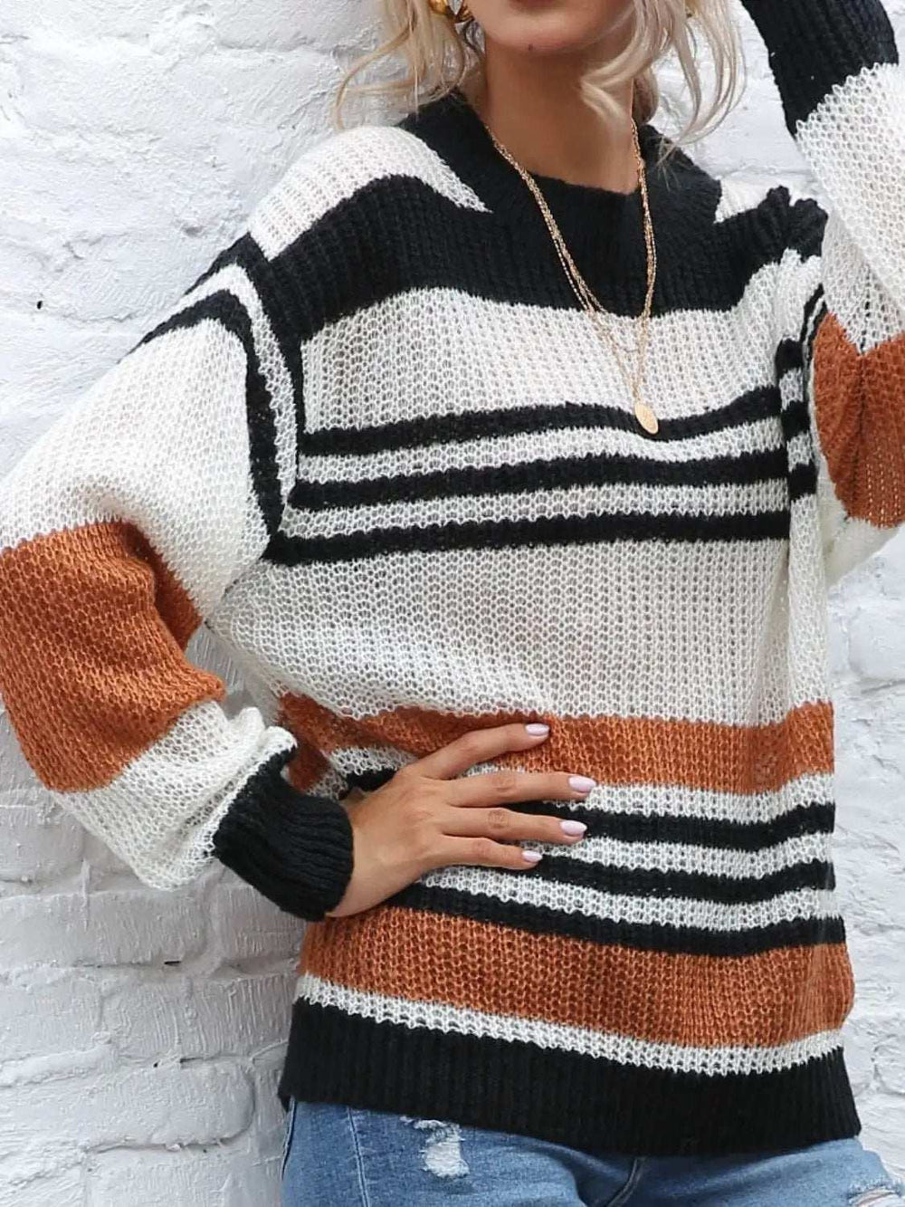 Contrast Striped Round Neck Long Sleeve Sweater - Trendsi - Flyclothing LLC