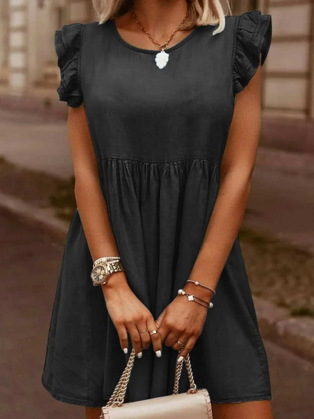 Full Size Ruffled Round Neck Cap Sleeve Denim Dress - Trendsi - Flyclothing LLC