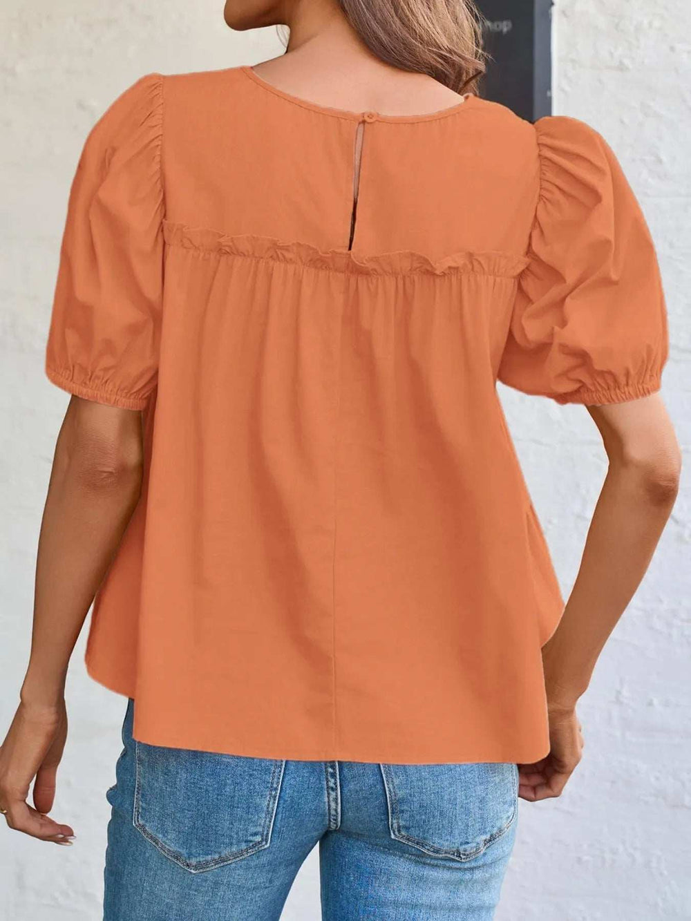 Round Neck Puff Sleeve Tiered Blouse - Trendsi - Flyclothing LLC