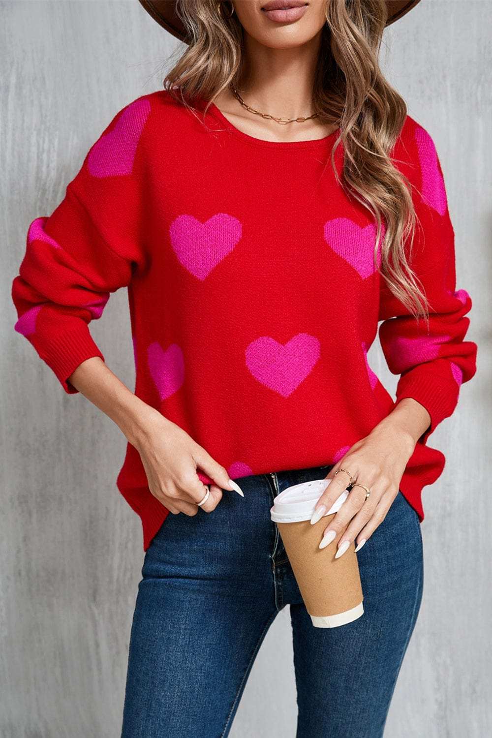 Angel Wings Heart Round Neck Dropped Shoulder Sweater - Trendsi - Flyclothing LLC