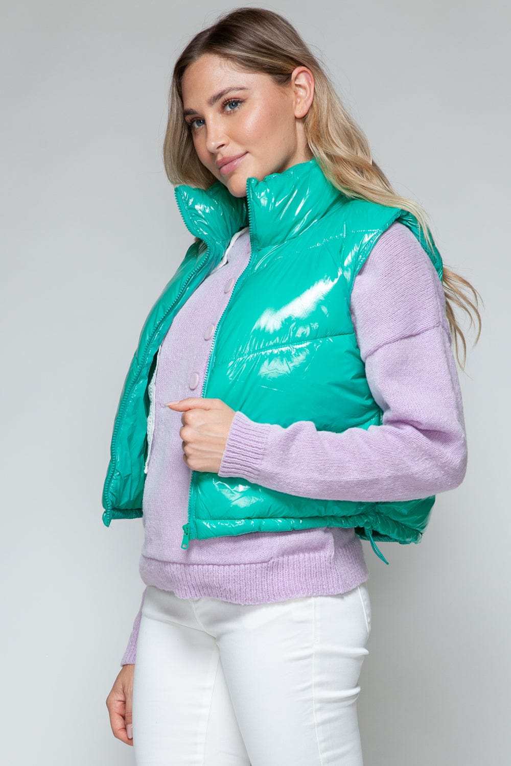 Snobbish Zip Up Turtleneck Shiny Quilted Vest - Trendsi - Flyclothing LLC