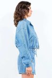 American Bazi Drawstring Waist Crop Denim Jacket - Trendsi - Flyclothing LLC