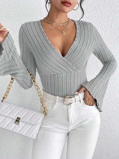 Ribbed Flare Sleeve Top - Trendsi - Flyclothing LLC