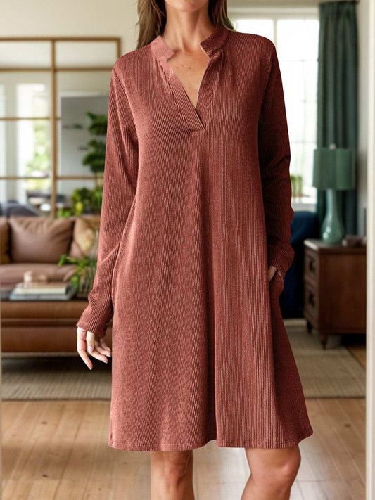 Notched Long Sleeve Mini Dress with Pockets - Trendsi - Flyclothing LLC