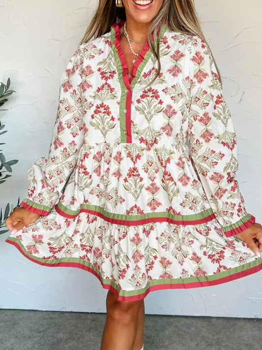Floral Print Contrast Trim Frilled Neck Long Sleeve Flared Dress - Trendsi - Flyclothing LLC