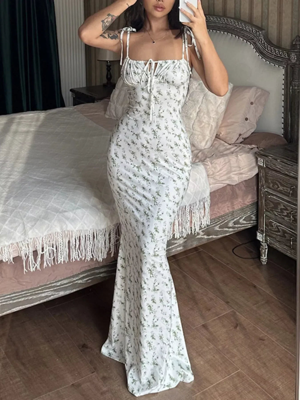 Floral Print Tie Strap Bodycon Maxi Dress - Trendsi - Flyclothing LLC