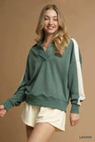 Umgee Contrast Long Sleeve Sweatshirt with Collar - Trendsi - Flyclothing LLC