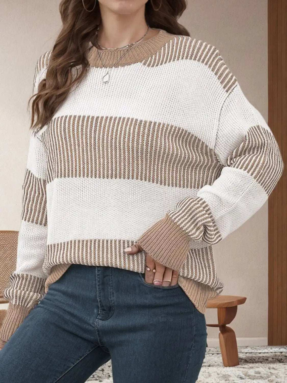Striped Round Neck Long Sleeve Sweater - Trendsi - Flyclothing LLC