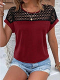 Contrast Lace Round Neck Short Sleeve Blouse - Trendsi - Flyclothing LLC