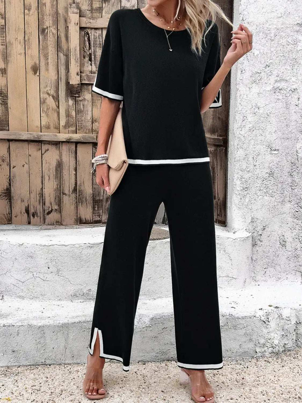 Contrast Trim Round Neck Top and Pants Set - Trendsi - Flyclothing LLC