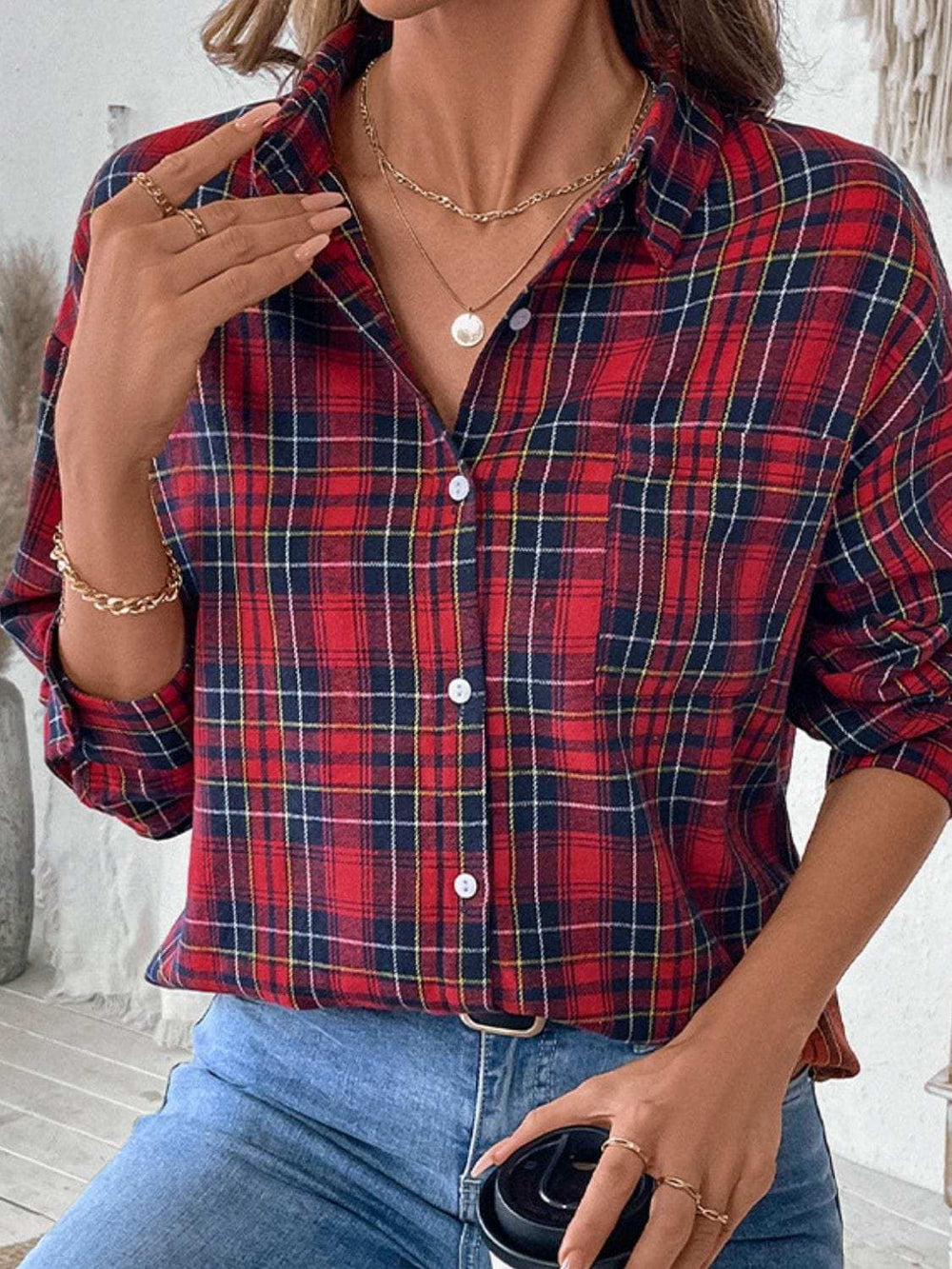 Perfee Plaid Button Up Long Sleeve Shirt - Trendsi - Flyclothing LLC