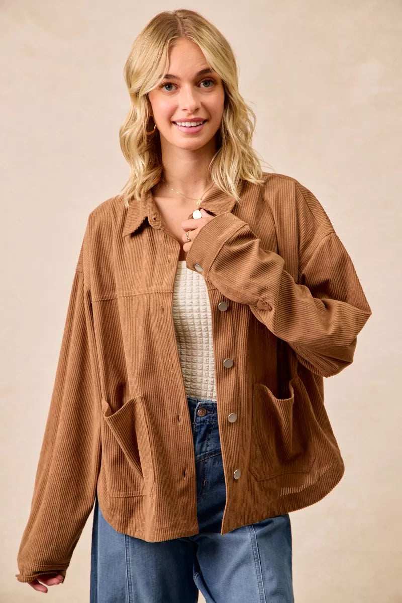 BiBi Corduroy Relaxed Fit Shacket with Back Pleat - Trendsi - Flyclothing LLC
