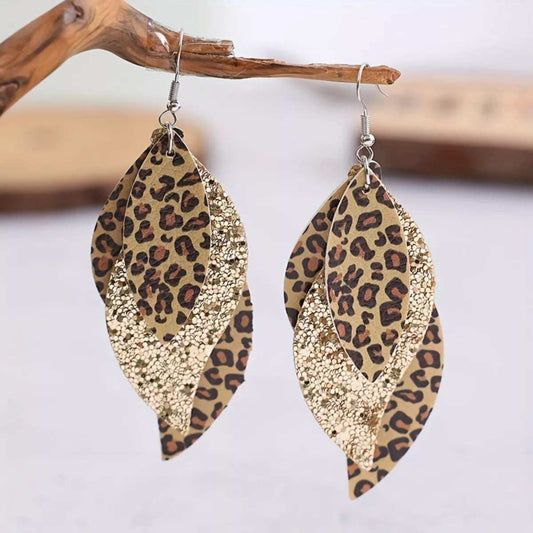 Leopard Print Leather Leaf Drop Earrings - Trendsi - Flyclothing LLC