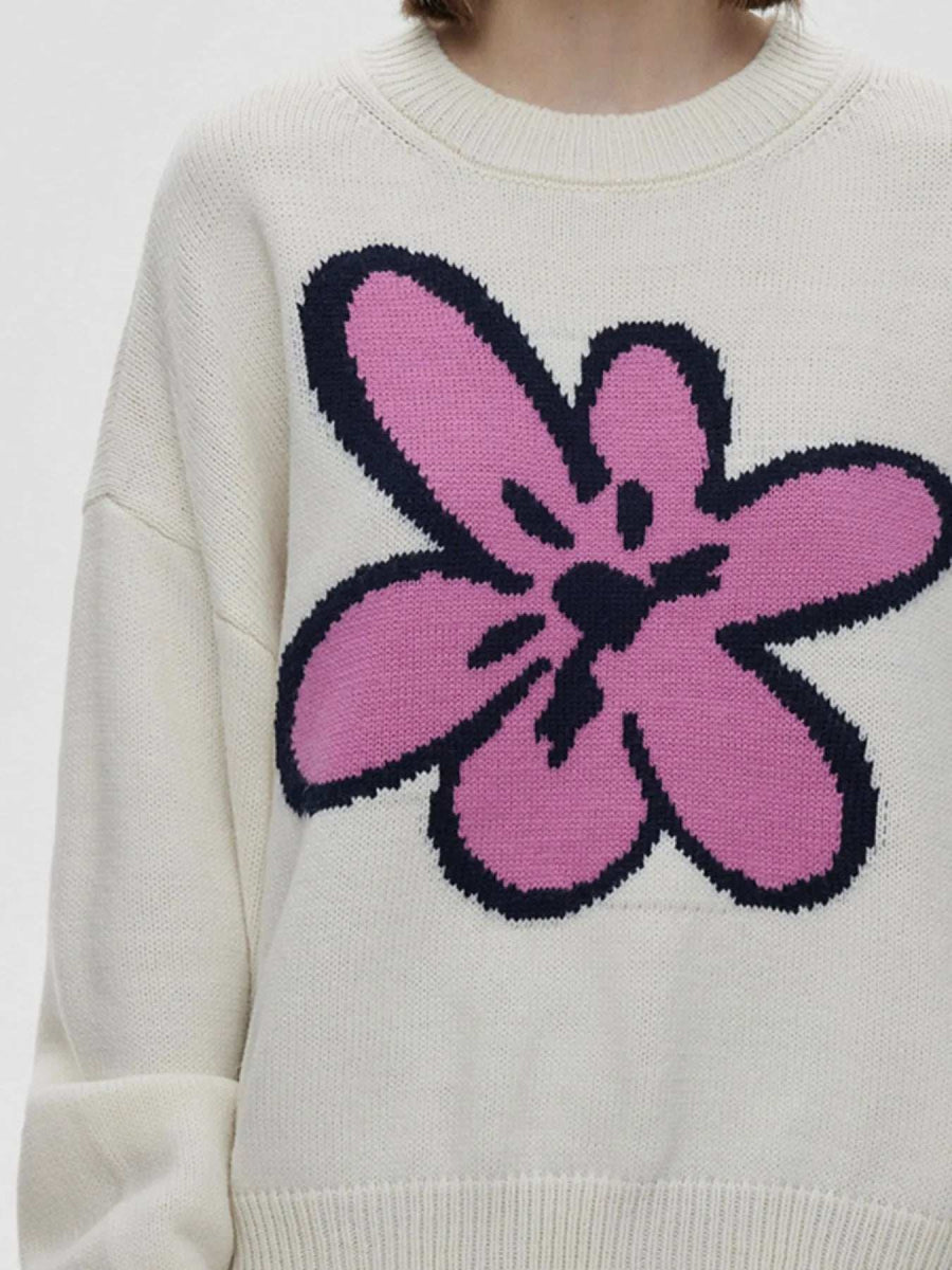 Flower Ribbed Hem Round Neck Sweater - Trendsi - Flyclothing LLC