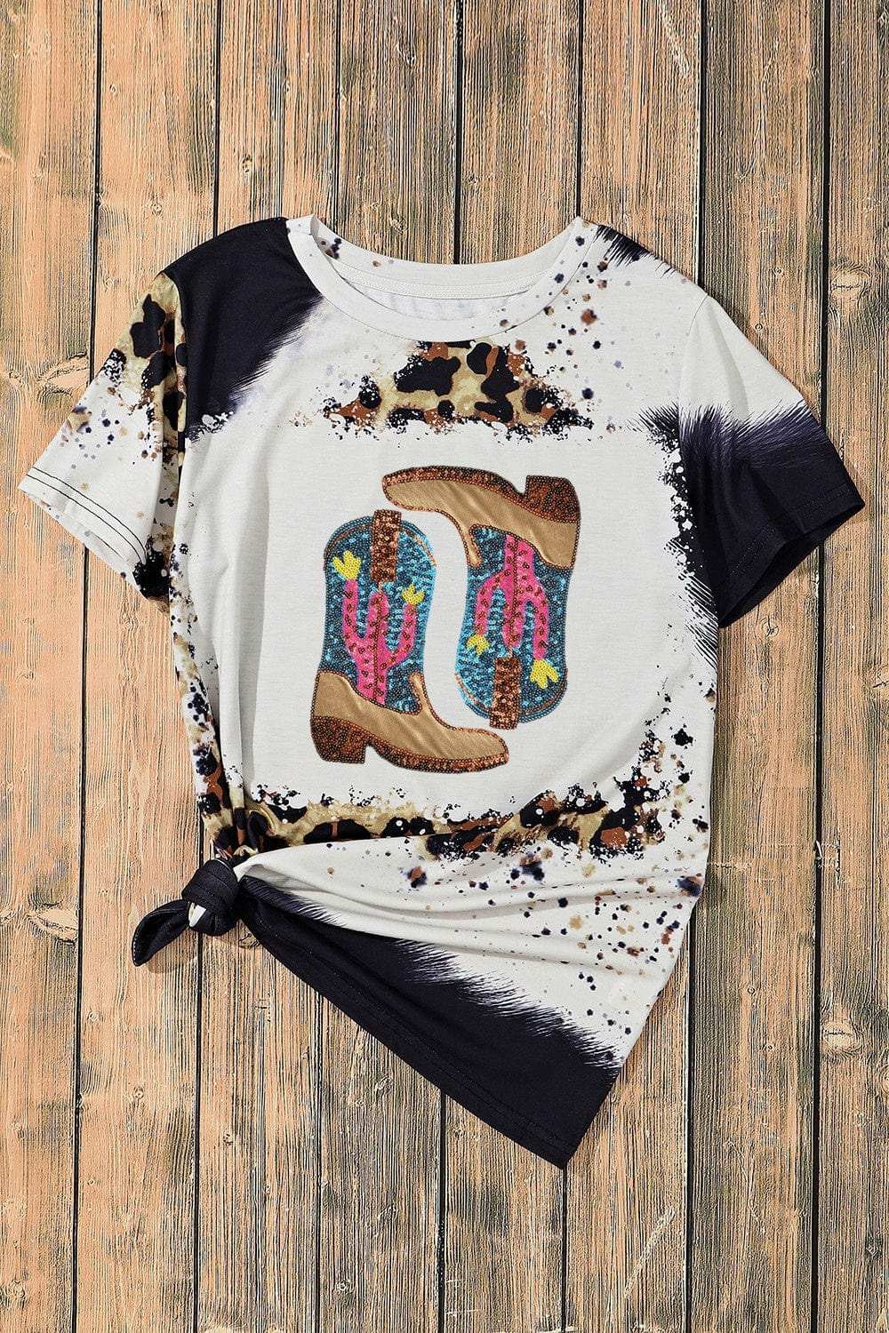 Sequin Boots Leopard Round Neck Short Sleeve T-Shirt - Trendsi - Flyclothing LLC