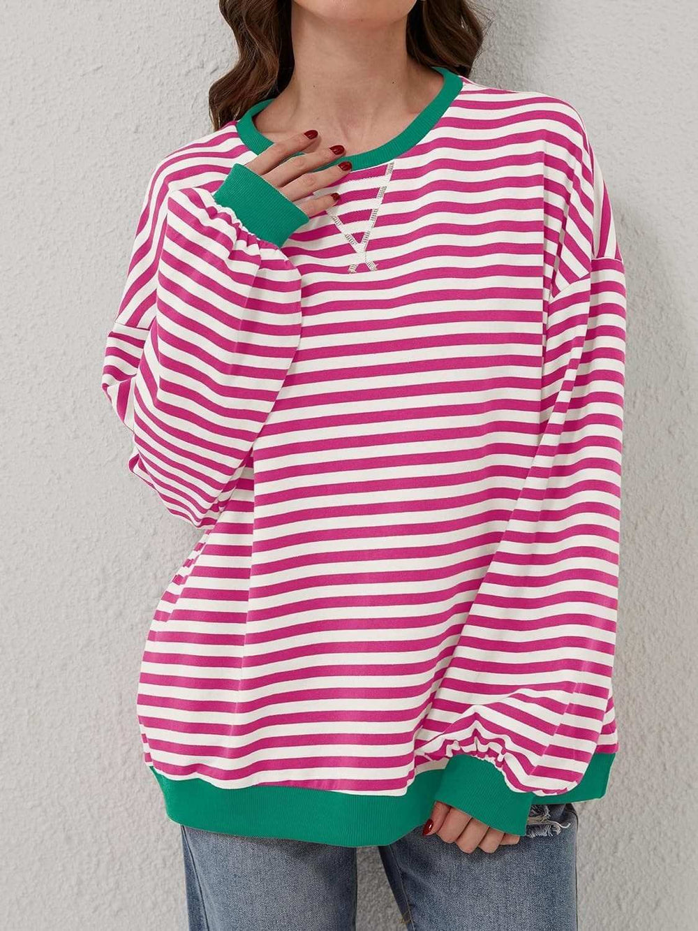 Contrast Striped Long Sleeve Sweatshirt - Trendsi - Flyclothing LLC
