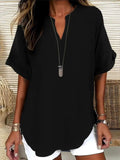 Casual Notched Short Sleeve Blouse - Trendsi - Flyclothing LLC