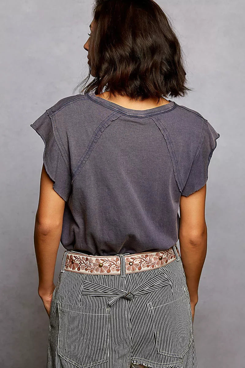 POL V-Neck Short Sleeve T-Shirt with Ruffle Sleeve - Trendsi - Flyclothing LLC