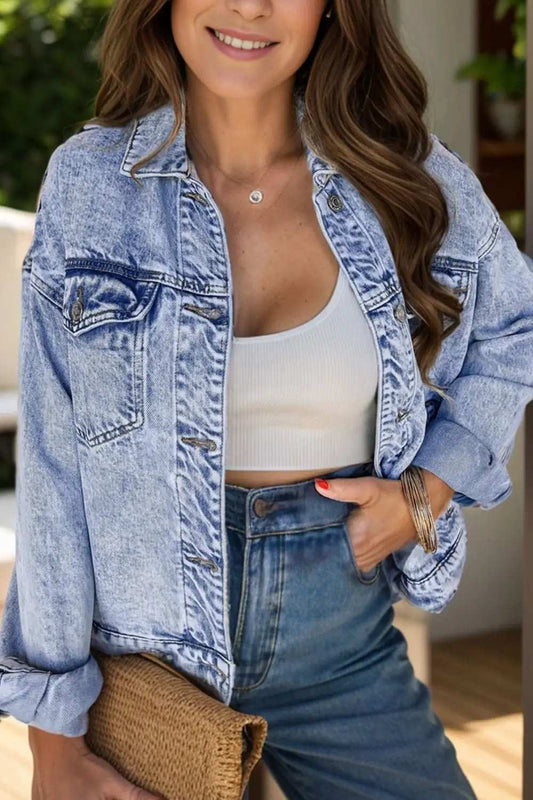 Pocketed Button Up Dropped Shoulder Denim Jacket - Trendsi - Flyclothing LLC