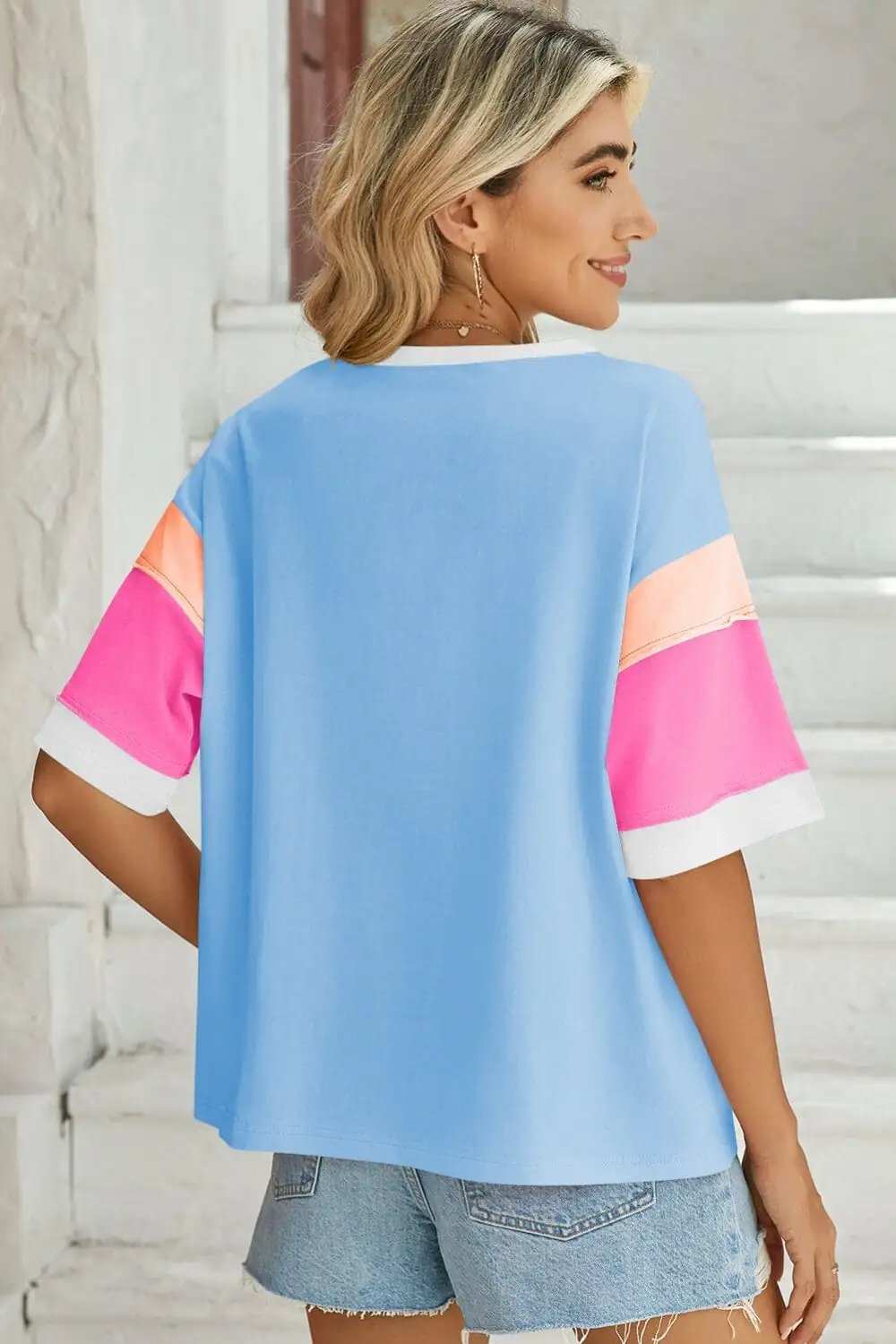 Lovelet Color Block Round Neck Half Sleeve T-Shirt - Trendsi - Flyclothing LLC