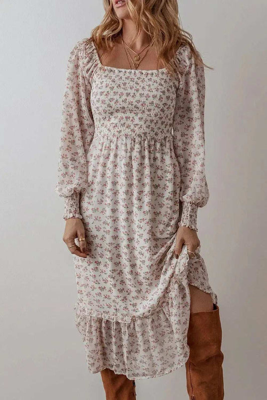 Smocked Floral Square Neck Long Sleeve Midi Dress - Trendsi - Flyclothing LLC