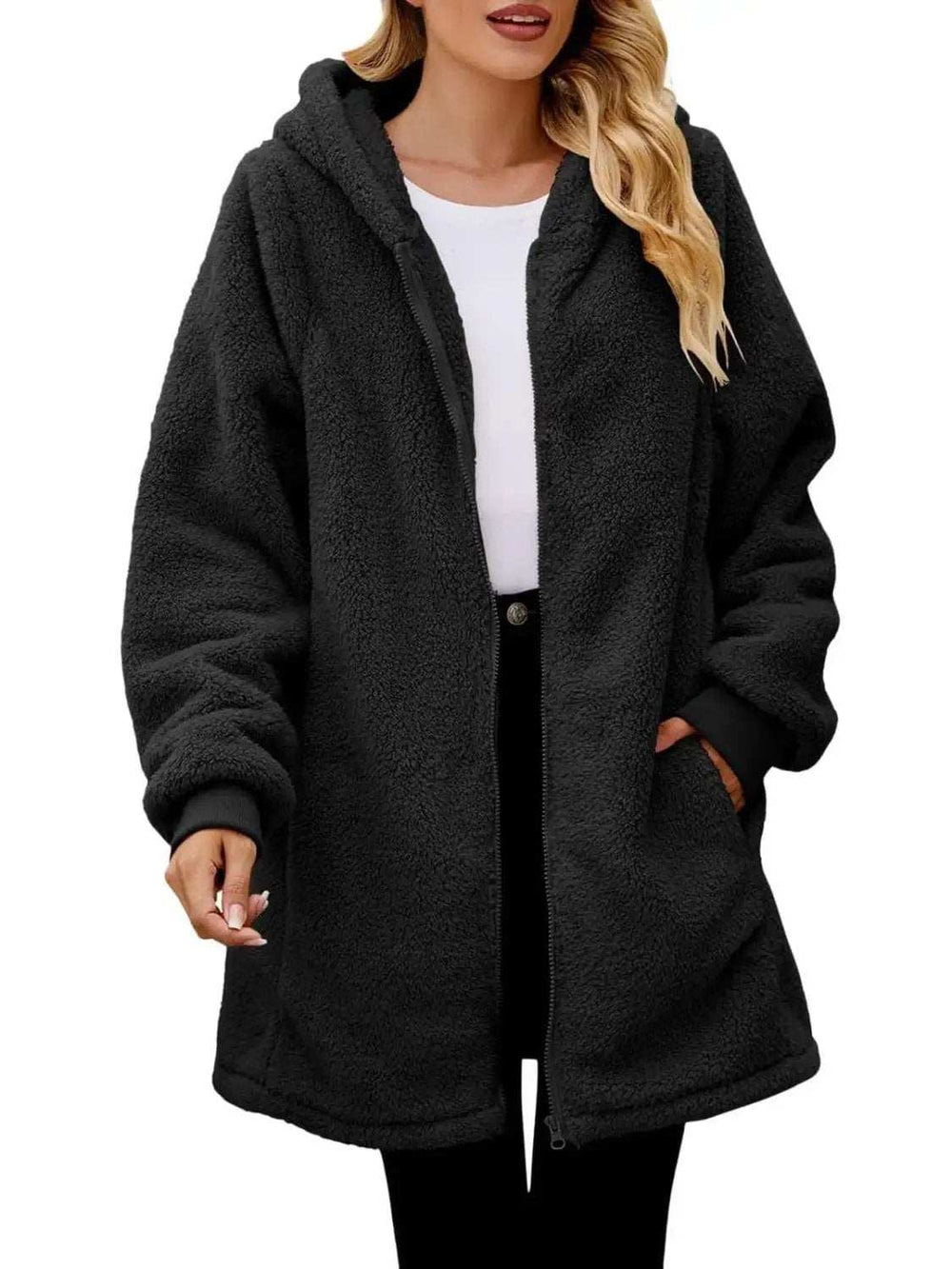 Fuzzy Pocketed Zip Up Long Sleeve Hooded Jacket - Trendsi - Flyclothing LLC