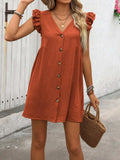 Button Up V-Neck Cap Sleeve Mini Dress - Trendsi - Flyclothing LLC