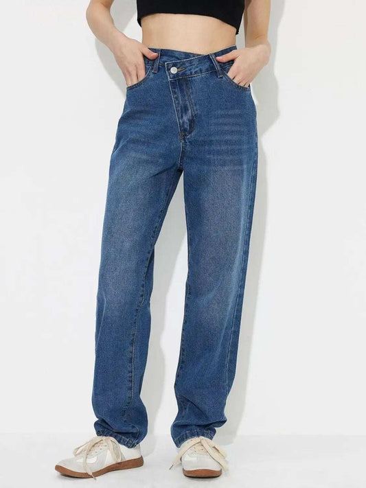 Asymmetric Waist Jeans with Pockets - Trendsi - Flyclothing LLC