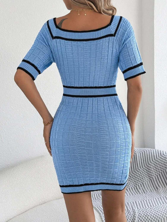 Decorative Button Short Sleeve Sweater Dress - Trendsi - Flyclothing LLC