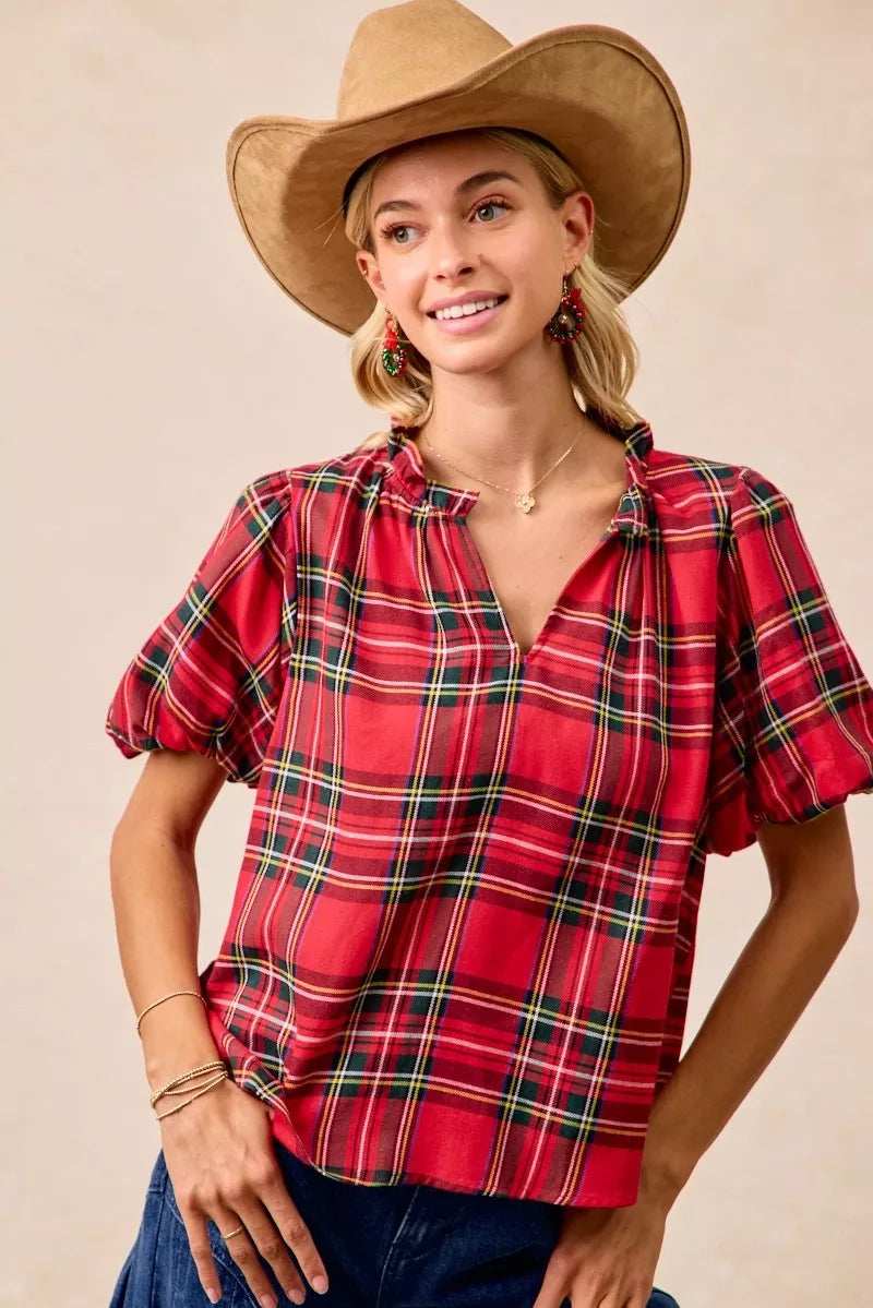 BiBi Christmas Plaid Short Sleeves Ruffled Blouse - Trendsi - Flyclothing LLC