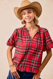 BiBi Christmas Plaid Short Sleeves Ruffled Blouse - Trendsi - Flyclothing LLC