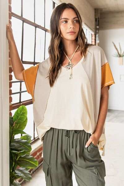 Mittoshop Color Block V-Neck Short Sleeve T-Shirt - Trendsi - Flyclothing LLC