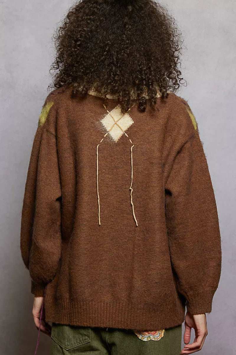 POL V-Neck Argyle Pattern Mohair Sweater with Contrast Exposed Stitch Detail - Trendsi - Flyclothing LLC