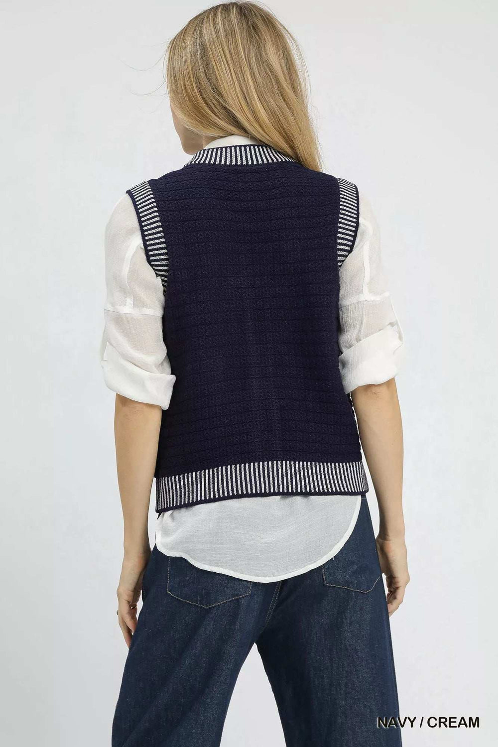 Umgee Contrast Striped Trim Button-Down Sweater Vest - Trendsi - Flyclothing LLC